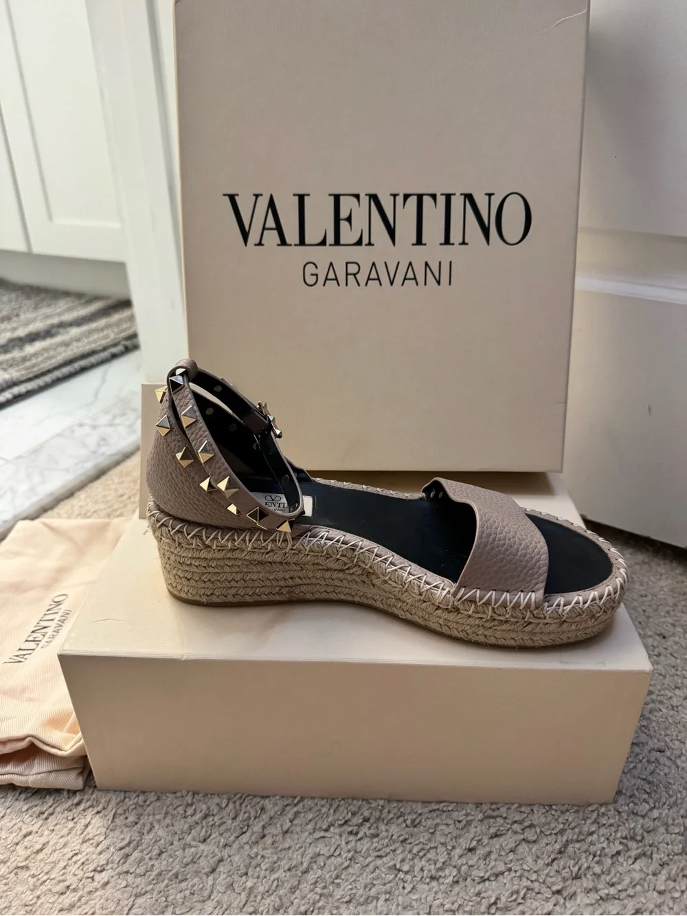 Valentino Garavani Taupe Leather Rockstud Espadrille Wedge